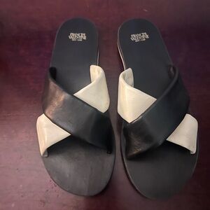 France’s Valentine Women's Nappa Leather Sandals in Black and Cream, Size 9